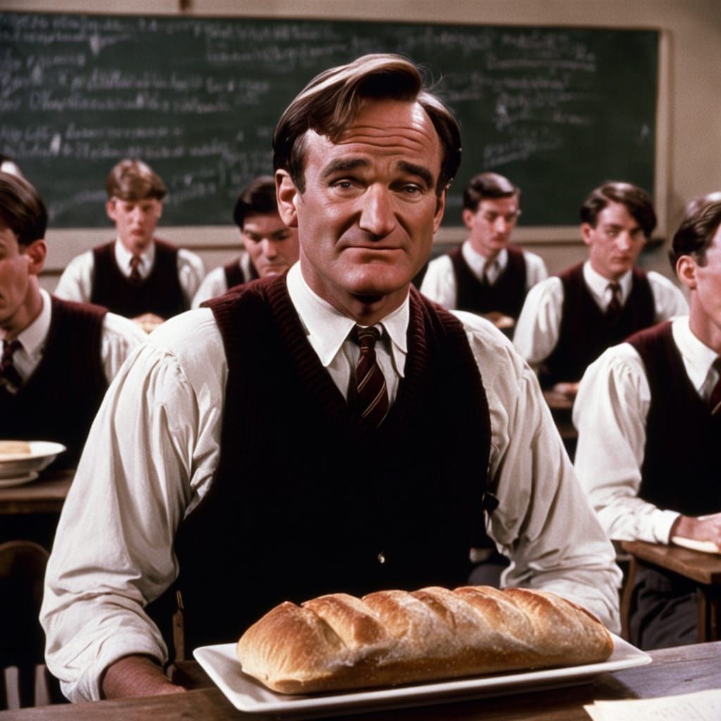 Robin Williams in Vintage Prep School Classroom Eating Bread