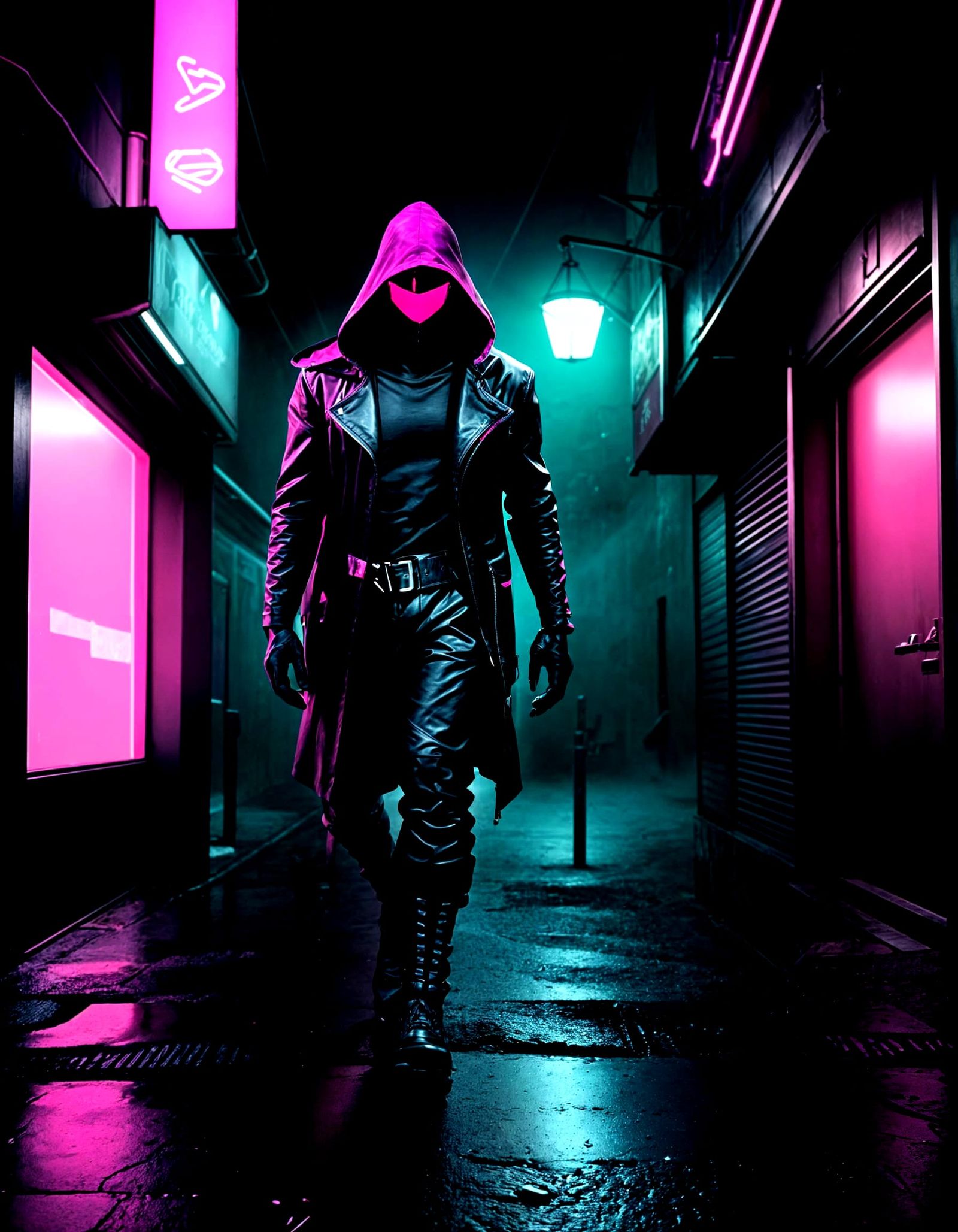 Man in Black Hood in Neon Alleyway