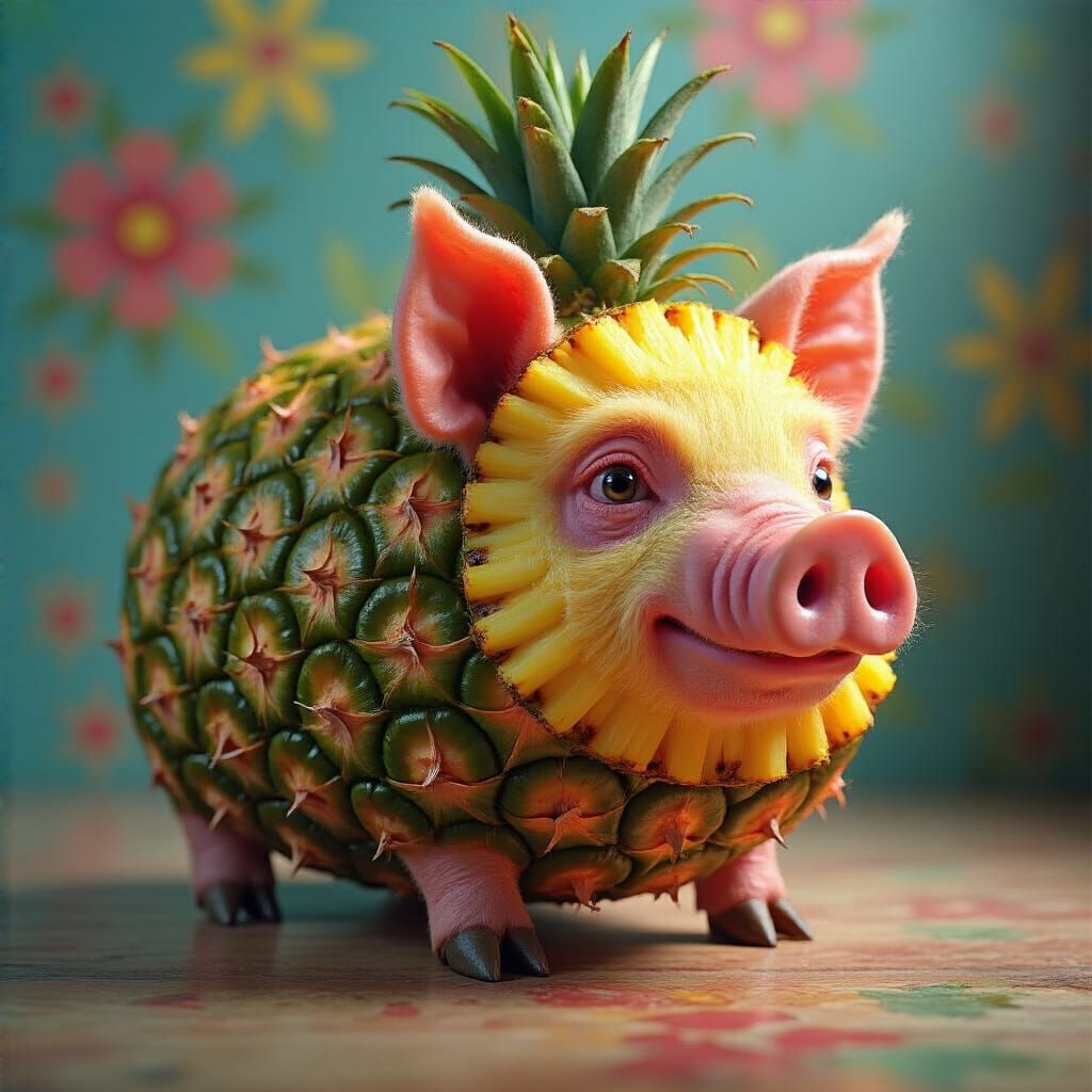 Hyperrealistic Pineapple Pig Sculpture in Mixed-Media Style