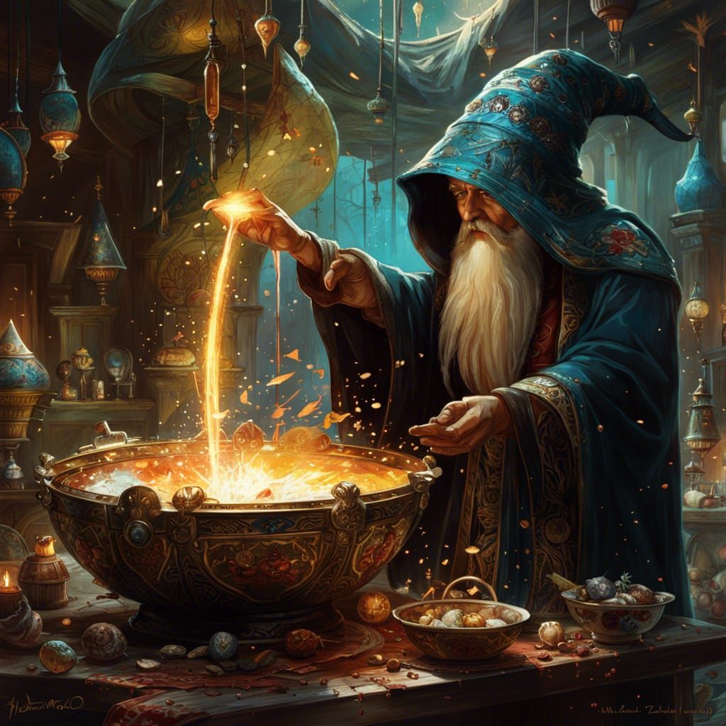 Enchanting Wizard with Magic Bowl: Digital Art