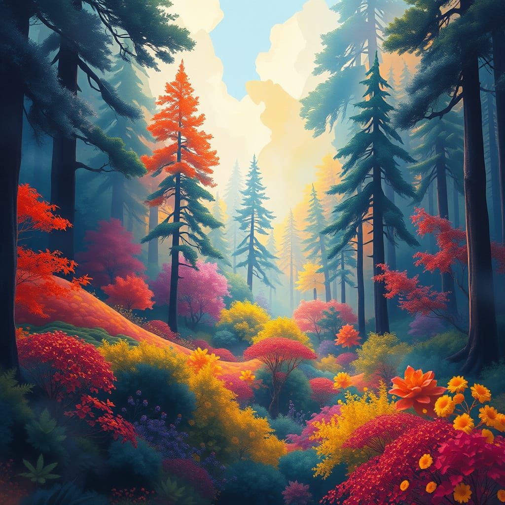 Vibrant Forest Landscape in Futuristic Watercolor Style