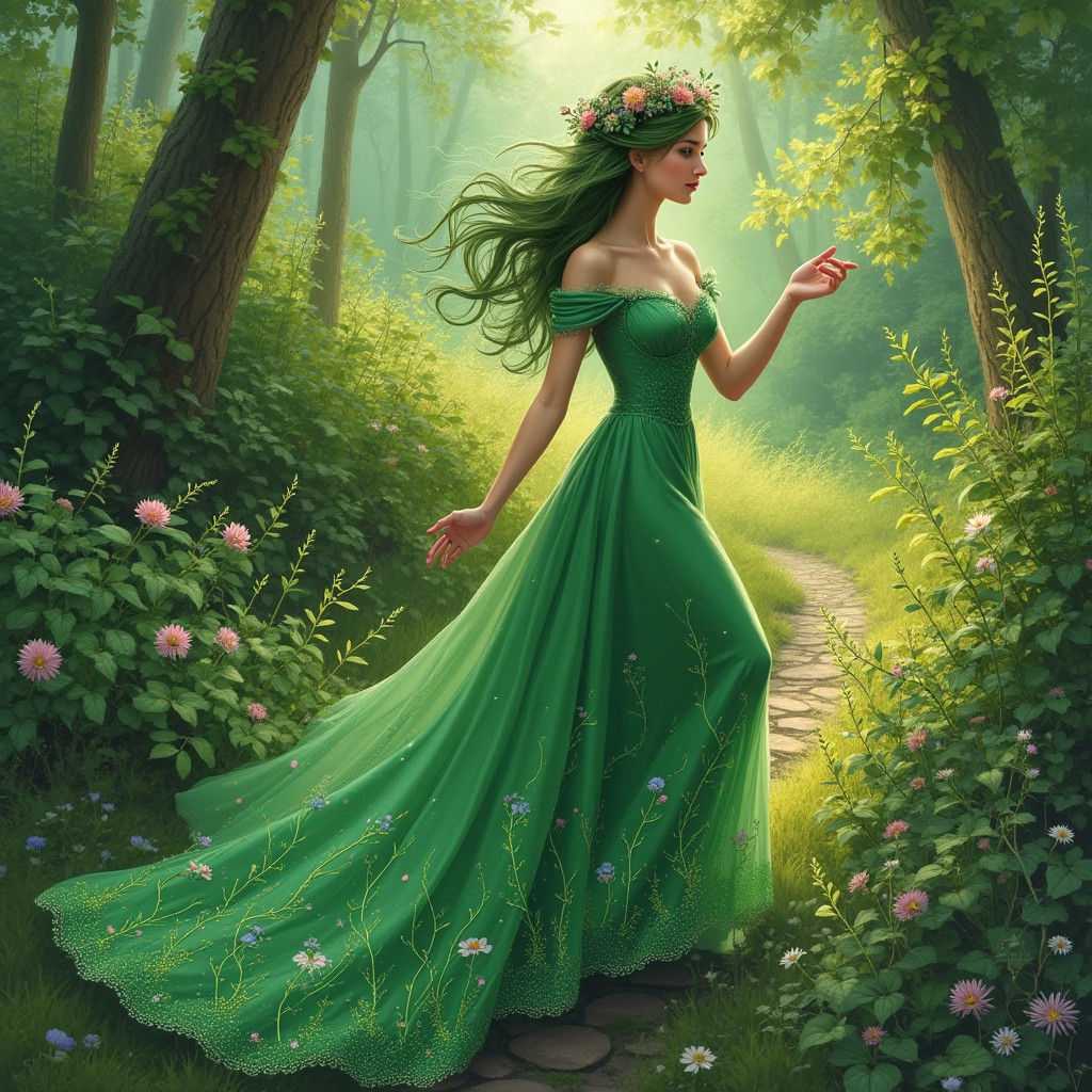 Ethereal Green Goddess Walking Verdant Hillside