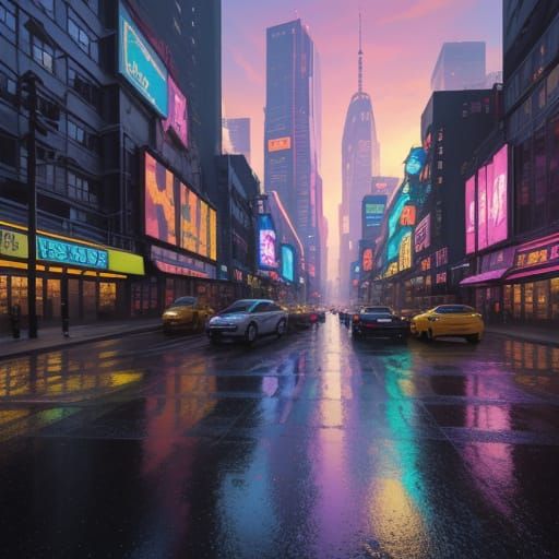 Vibrant Futuristic Cityscape at Sunset: Oil Painting