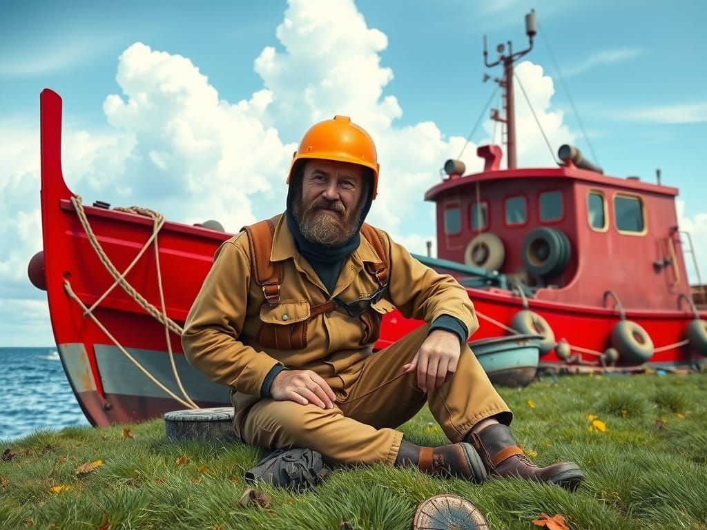 Bearded Man by Ship in Oil Painting Style