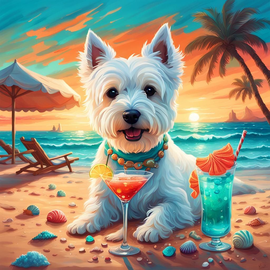 Westie's Beach Cocktail: Whimsical Fantasy Art