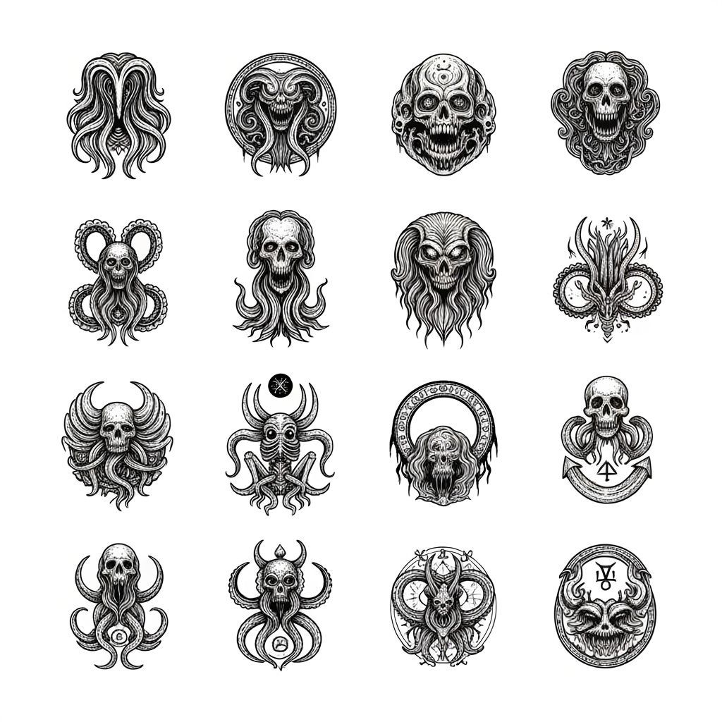 Lovecraftian Zodiac Tattoo Flash Sheet in Gothic Cartoon Sty...