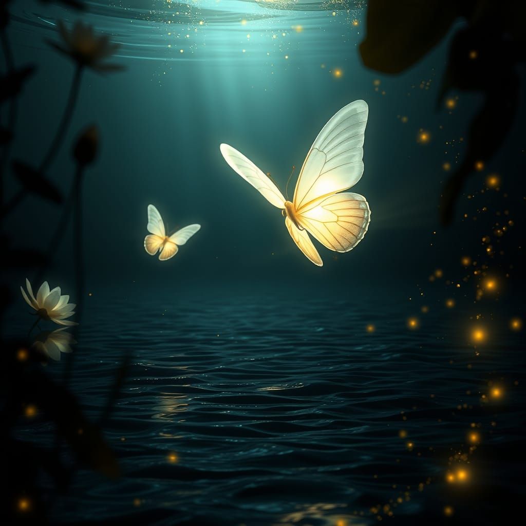 Ethereal Butterfly Wings in Mystical Underwater Fantasy Scen...
