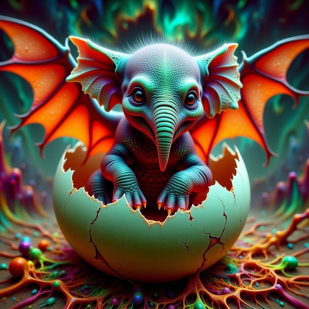 Xenomorphic Elephant Dragon Hatchling: Surreal Digital Art