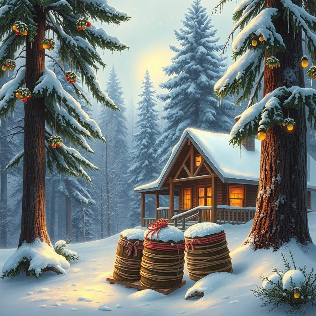 Peaceful Winter Cabin Scene with Hibernating Honey Bee Hives