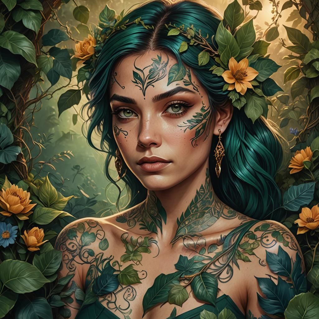 Fantasy Portrait of Woman with Nature Tattoos