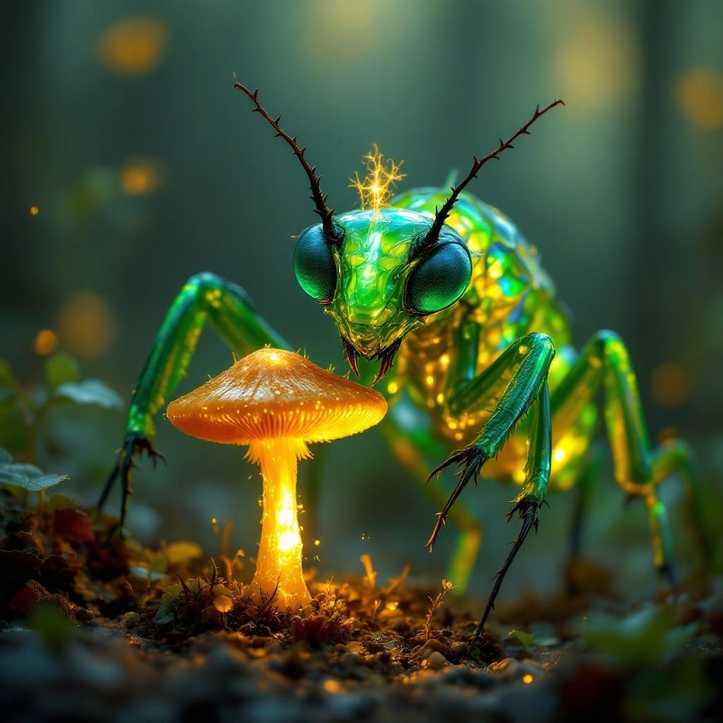 Ethereal Glass Praying Mantis Beetle in Sunset Glow