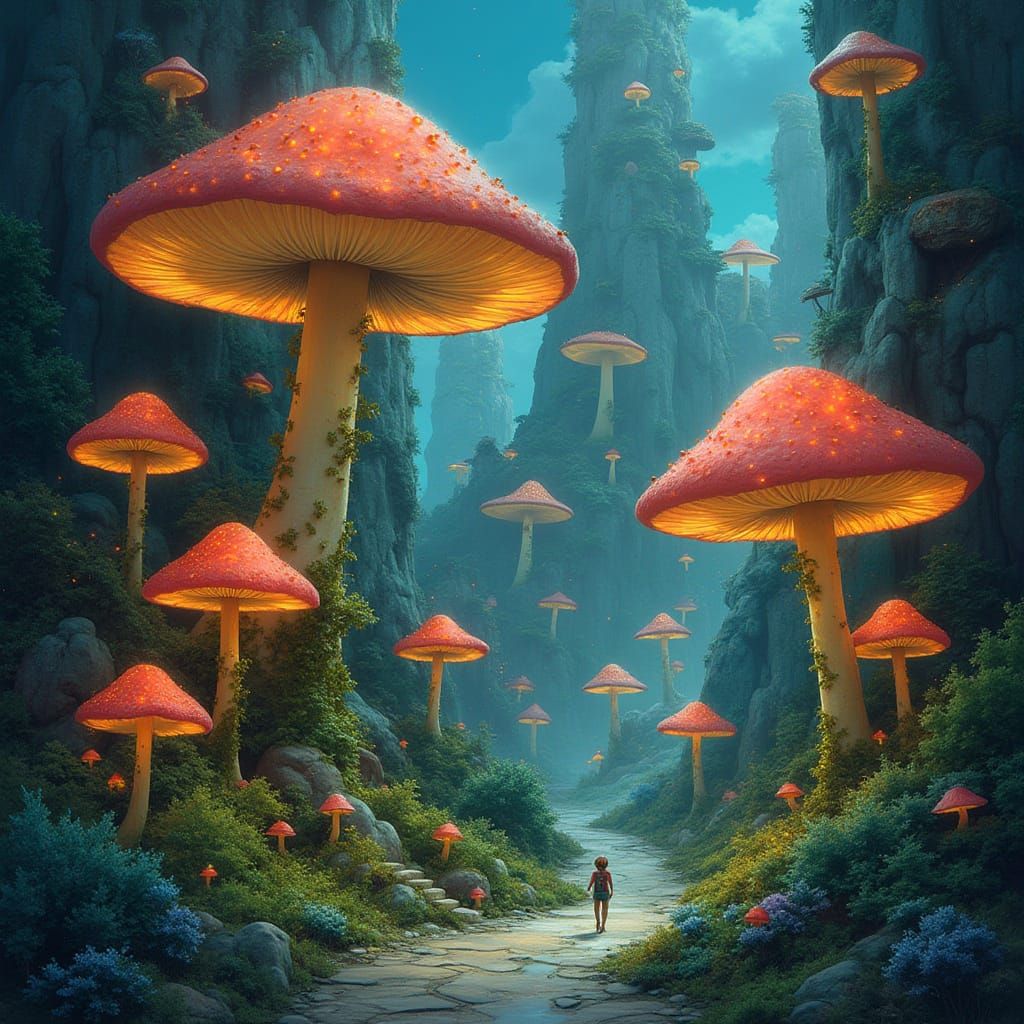 Glowing Mushroom Cityscape in Storybook Illustration Style