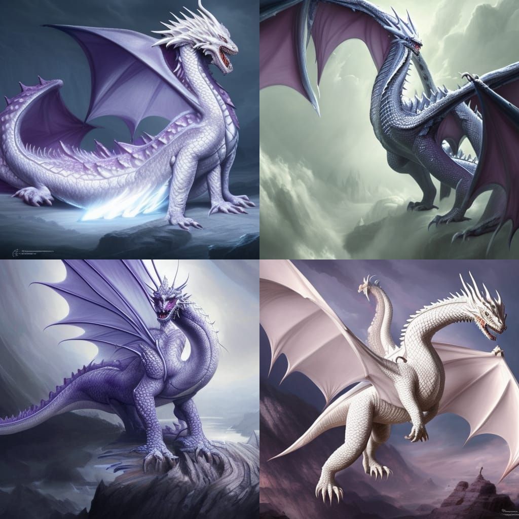 Majestic White Dragon with Purple Eyes in Dark Fantasy Style