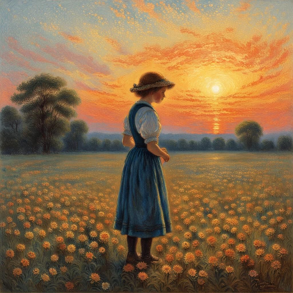 Girl in Field: Pointillist Pastel with Sunset