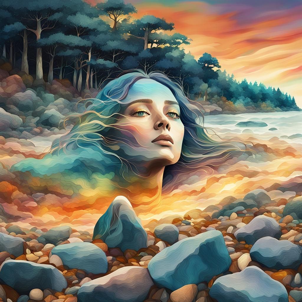 Seaside Landscape Blended in Woman's Face, Digital Art