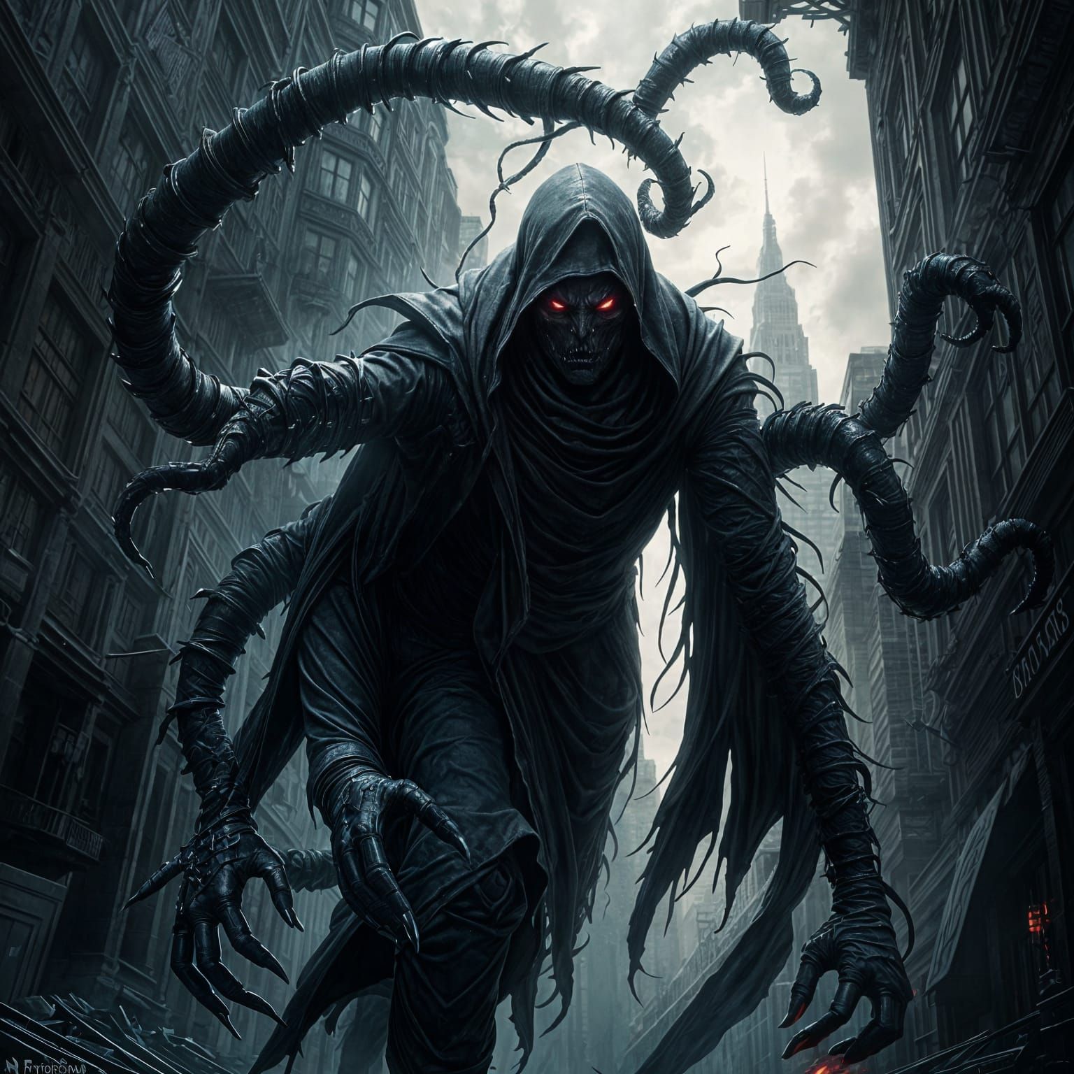 Shadow Lord Emerges from Chaotic Cityscape