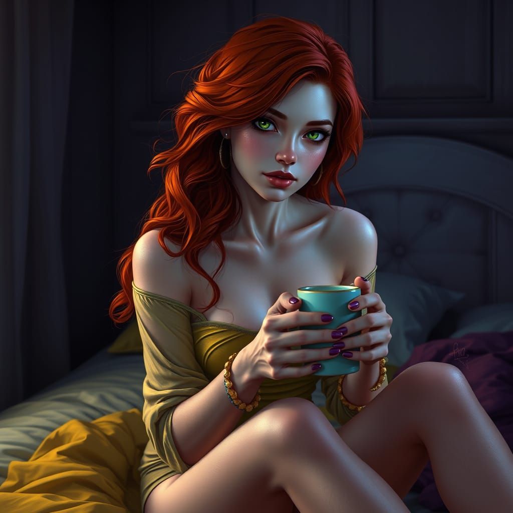 Redhead Woman Having Coffee in Dark Fantasy Style