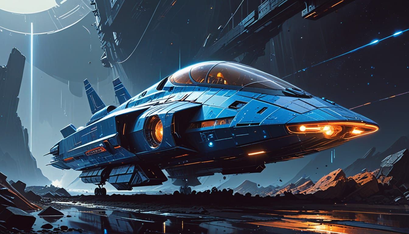 Sleek Metallic Spaceship Soars Through Space in a Futuristic...