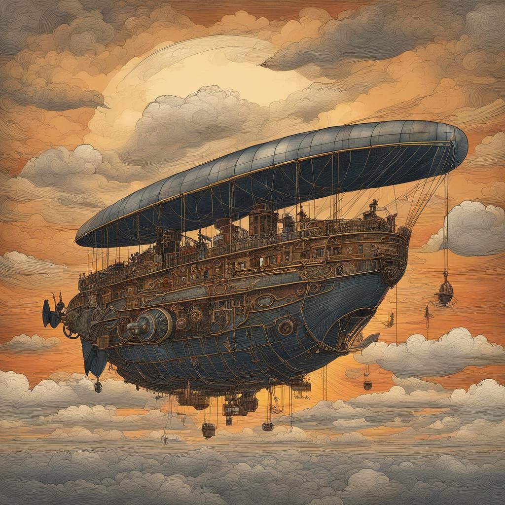 Steampunk Airship Soaring Through Sunset Clouds