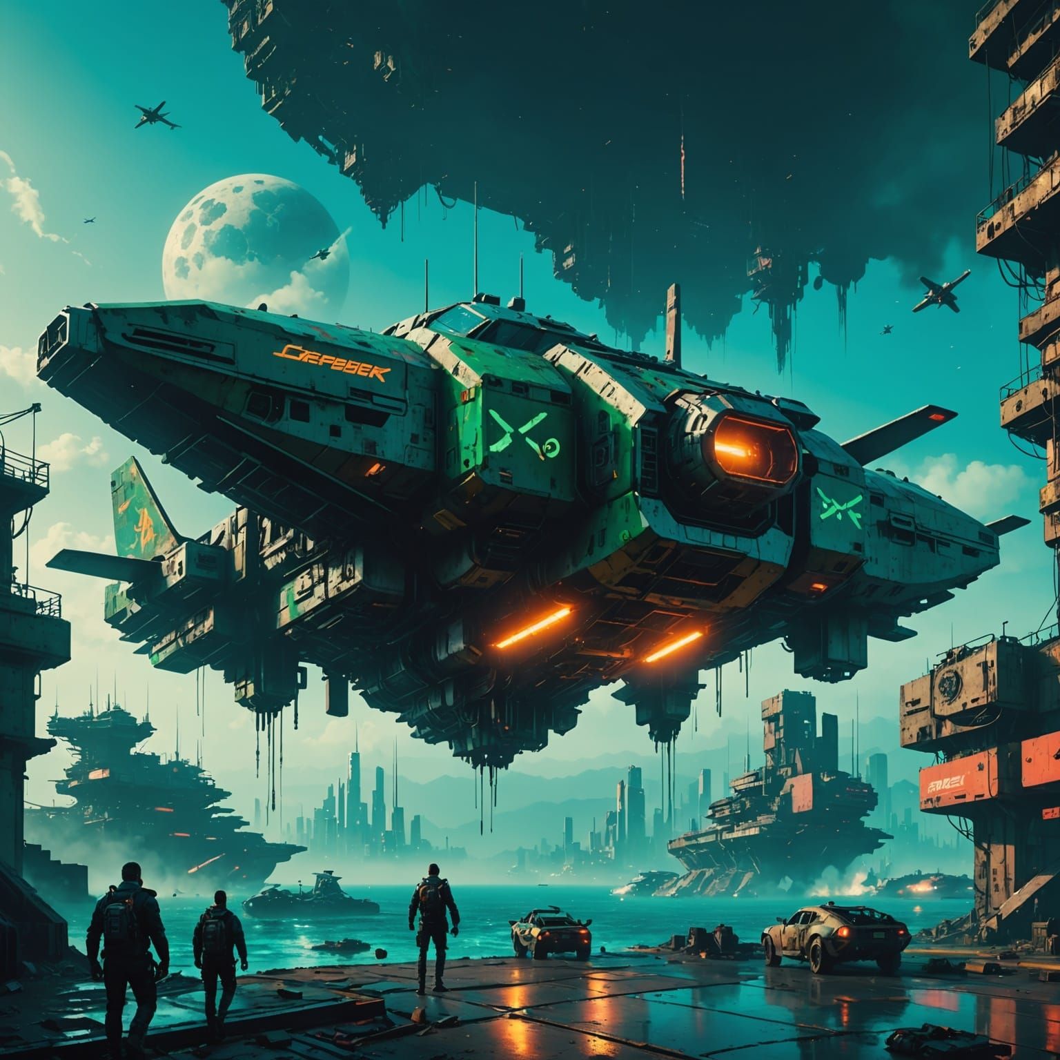 Cyberpunk Aircraft Fortress Hovers Over Polluted Ocean