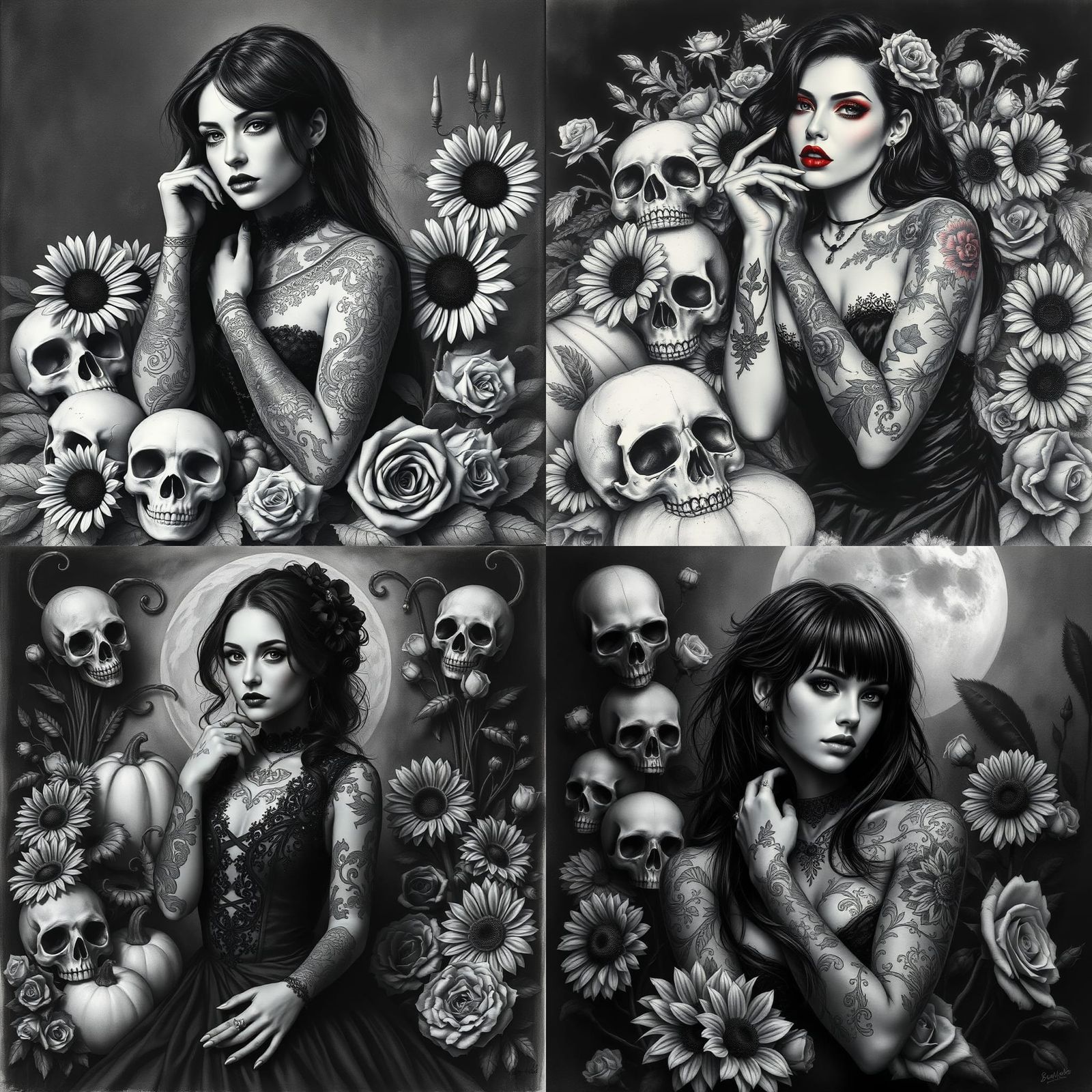 Tattooed Goth Woman in Black and White Charcoal