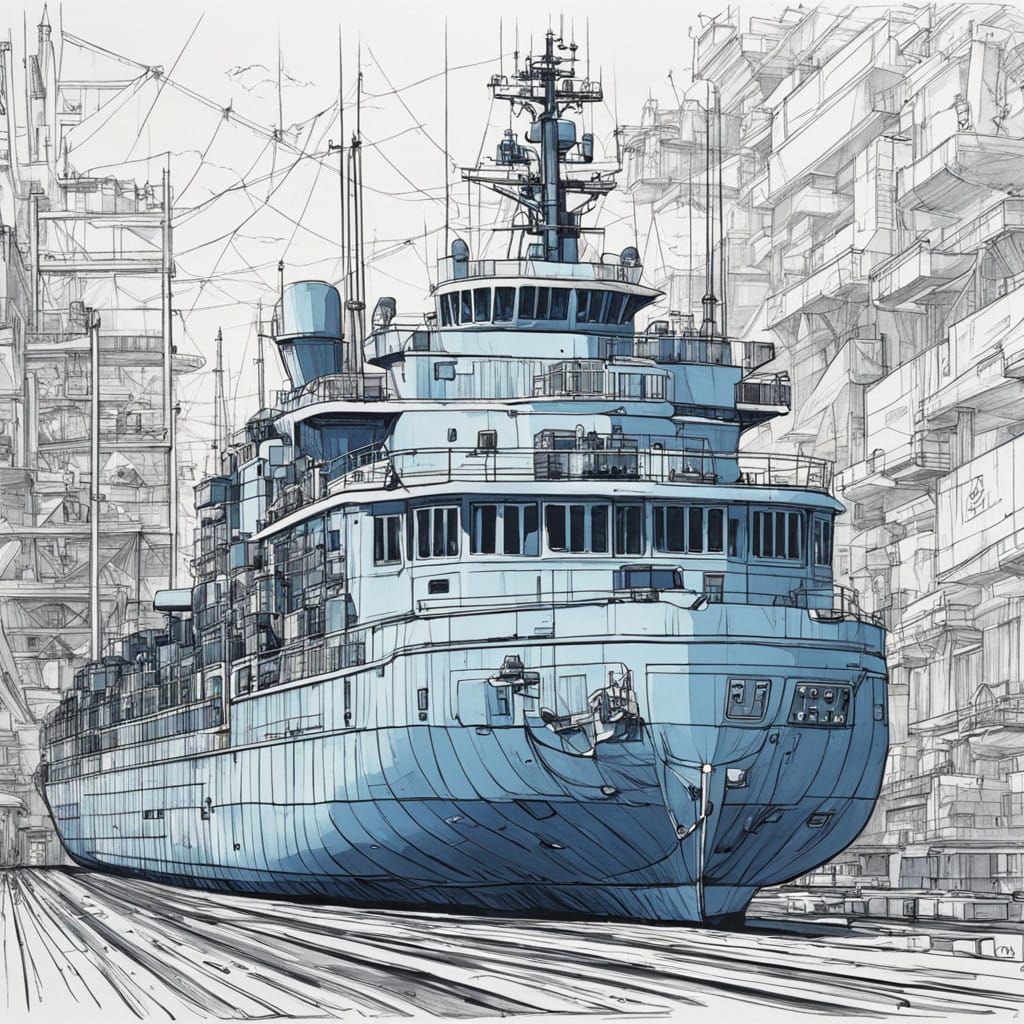 Maximalist Line Art Freighter in Pale Blue