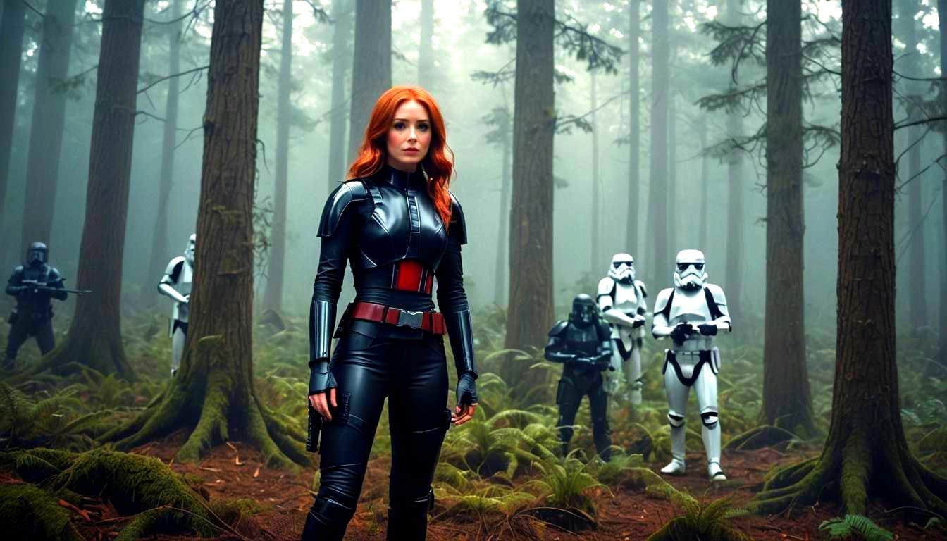 Mara Jade and Stormtroopers in Forest: Cinematic Film Still