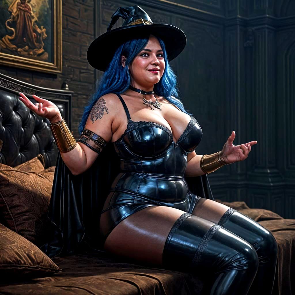 Smiling Mature Witch in Latex Lingerie