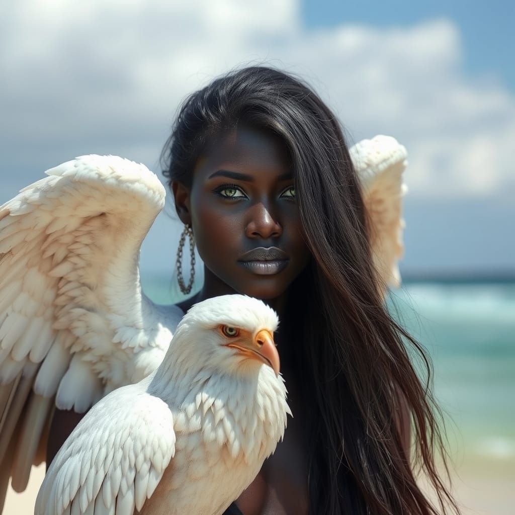 Hyperrealistic Portrait of Black Mermaid with Green Eyes