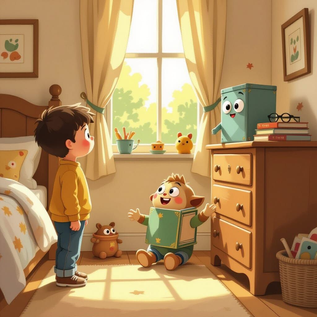Boy's Animated Book Escapade in Cozy Bedroom Scene