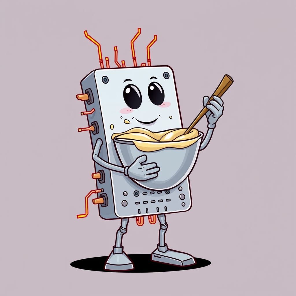 Cartoon Computer Chip Stirring Batter in Neon Style