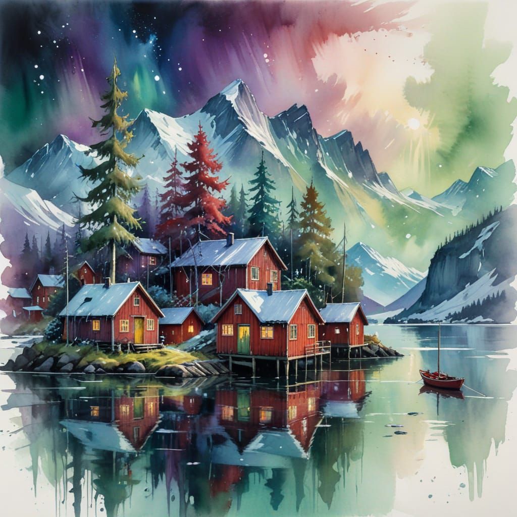 Fjord Village Under Northern Lights, Impressionistic Style