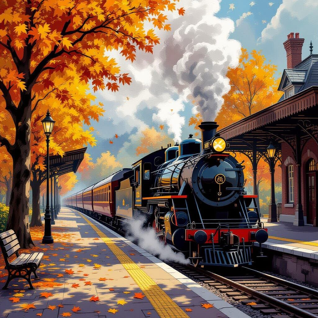 Nostalgic Autumn Train Station with Vintage Train
