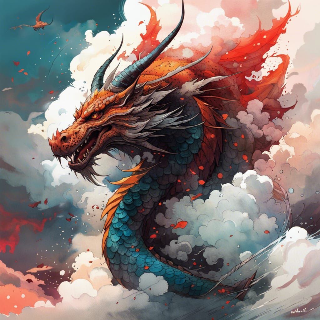 Majestic Cloud Dragon in Detailed Watercolor Art