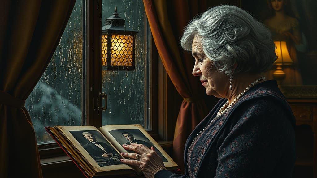 Nostalgic Woman Gazes at Memories on Rainy November Night