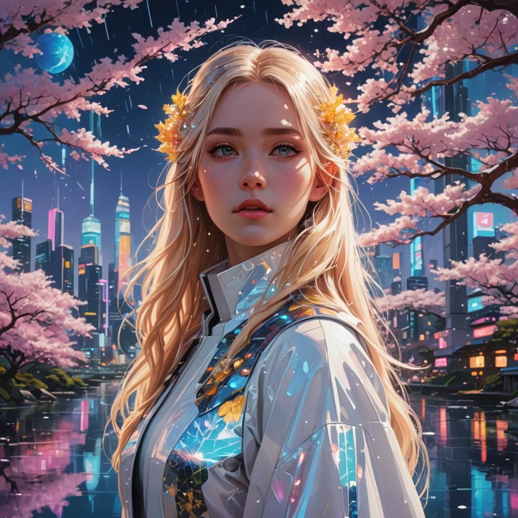 Futuristic Japanese City with Blonde Girl: Digital Painting