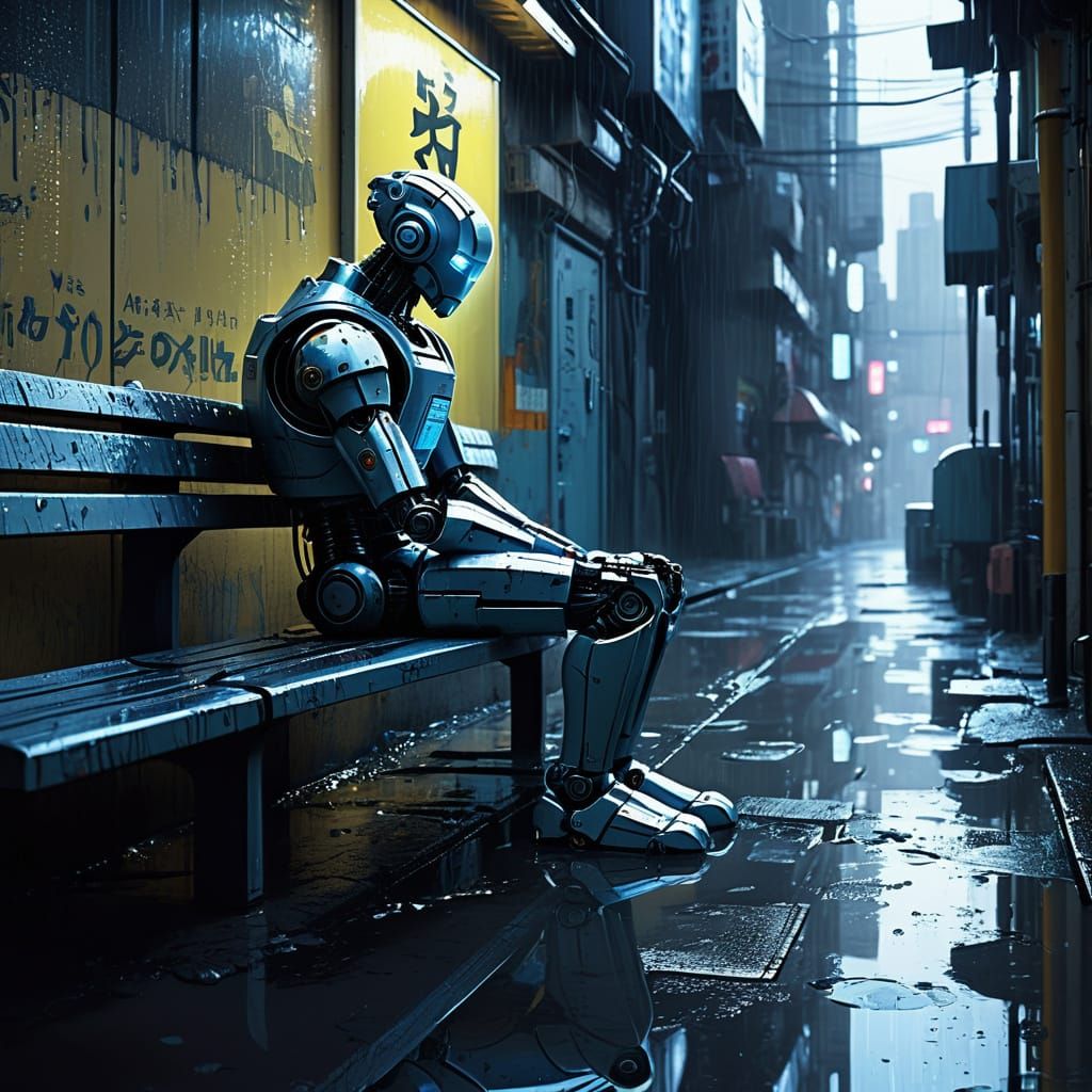 Moody Cyberpunk Robot in Rainy Alleyway