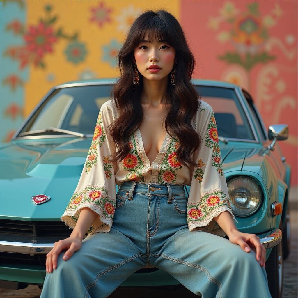 Asian Woman on 1972 Datsun Car, Hyperrealistic Photo