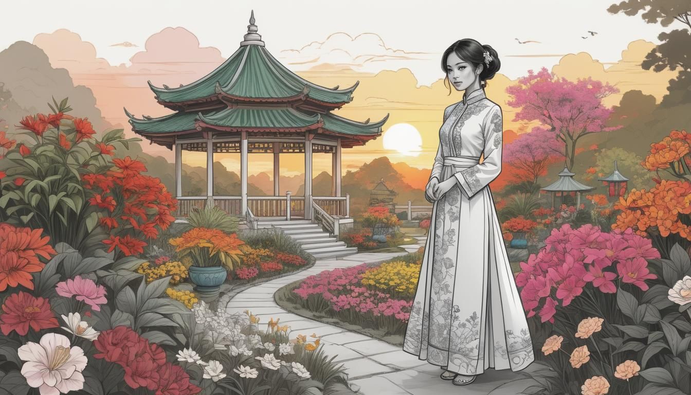 Woman in Ao Dai in Vibrant Sunset Garden