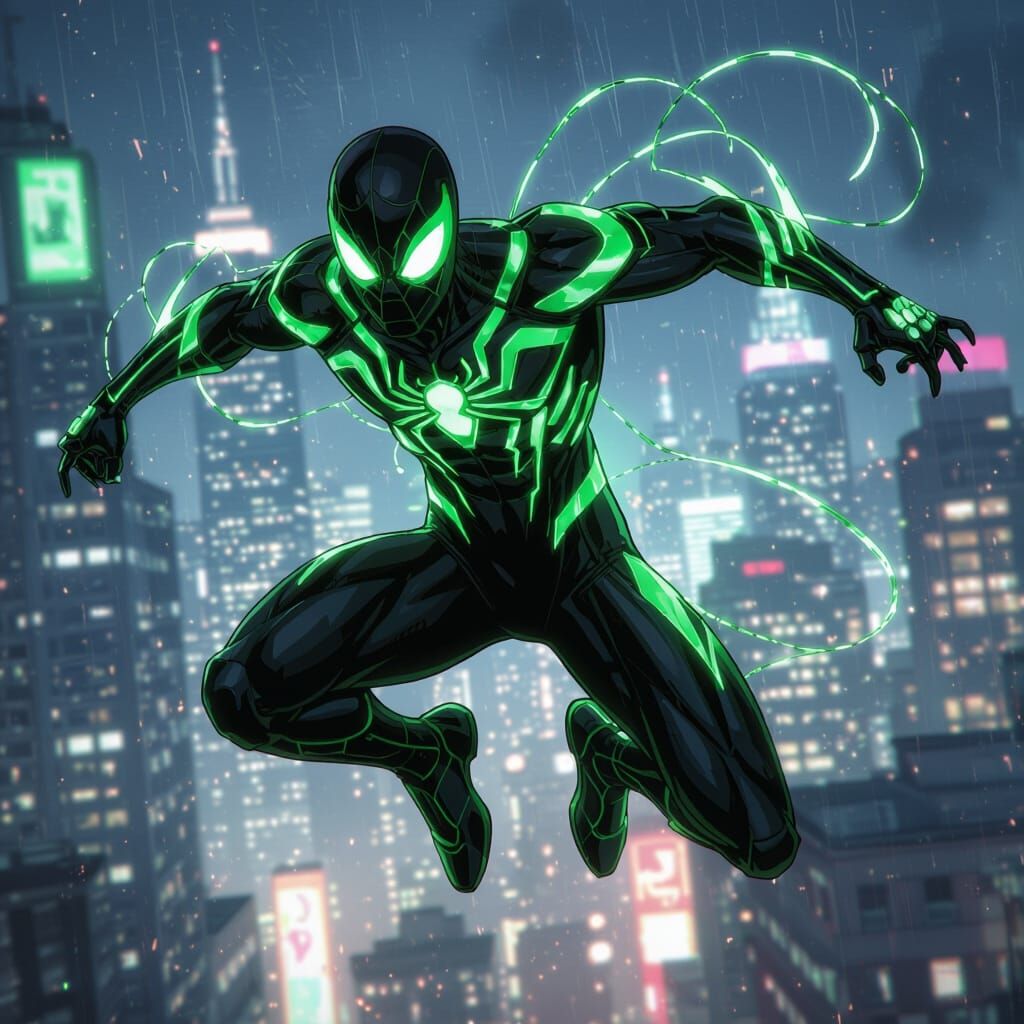 Spidersona Leaping Through Neon Cityscape