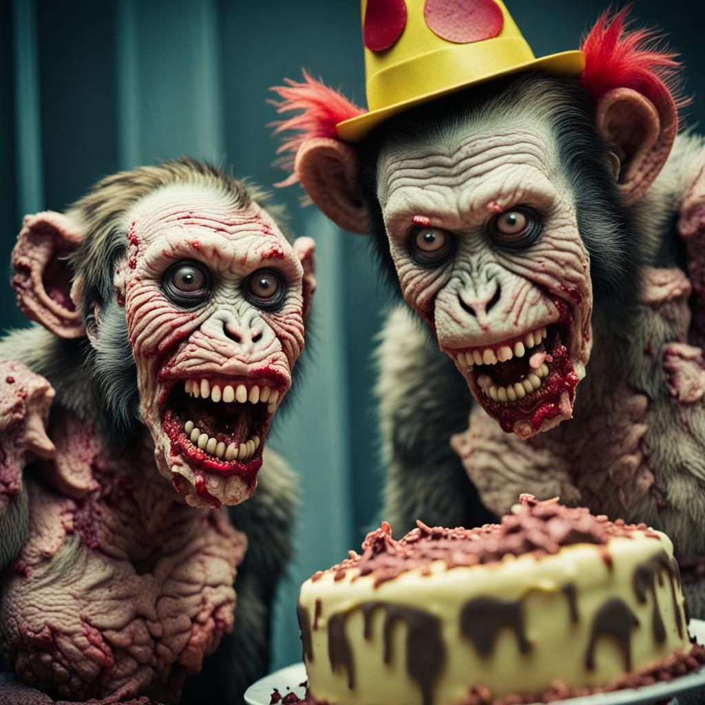 Zombie Monkey Clowns Celebrate with Brain Cake