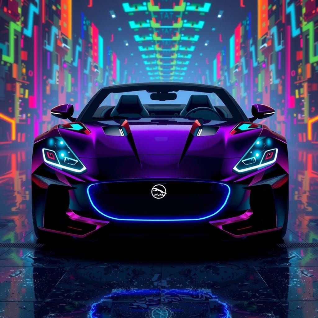 Futuristic 2040 Jaguar Convertible in Cyberpunk Cityscape