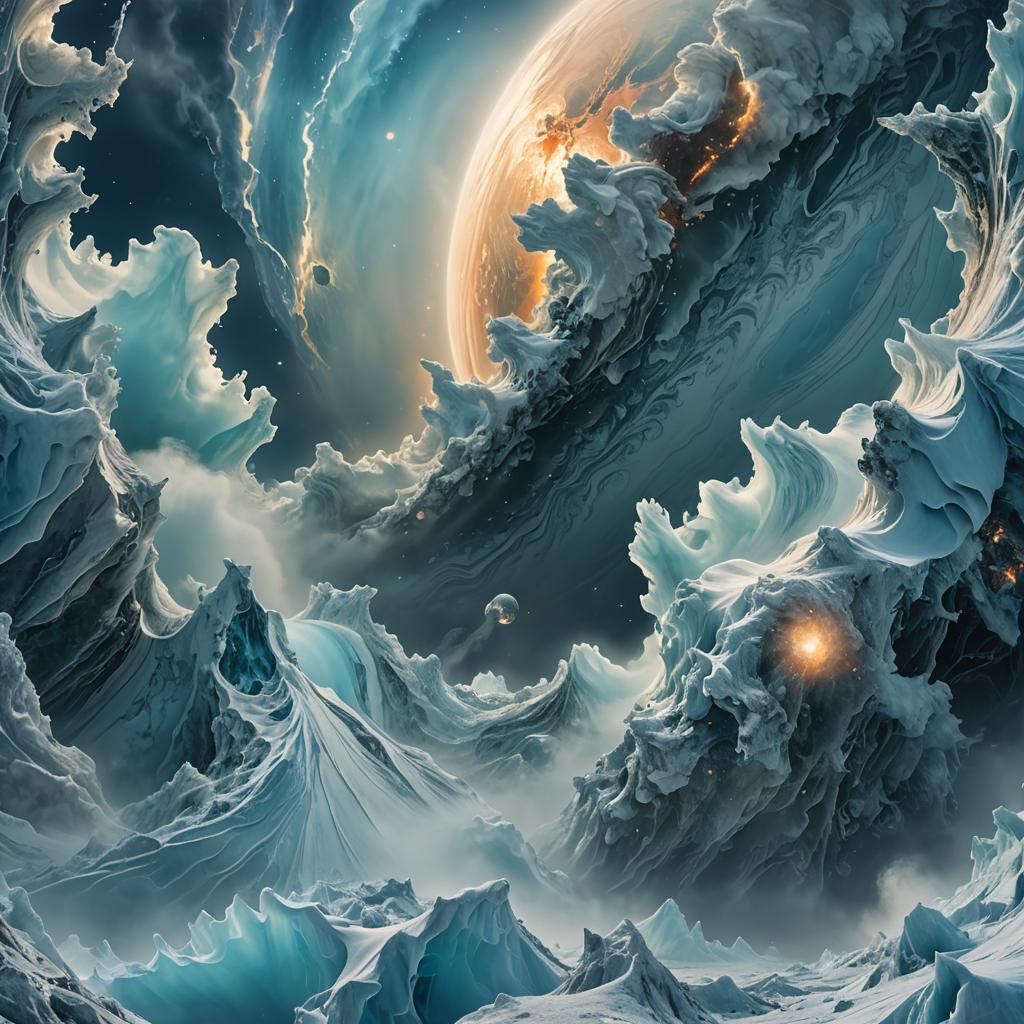 Surreal Ice Giant Surface with Aurora: Digital Art