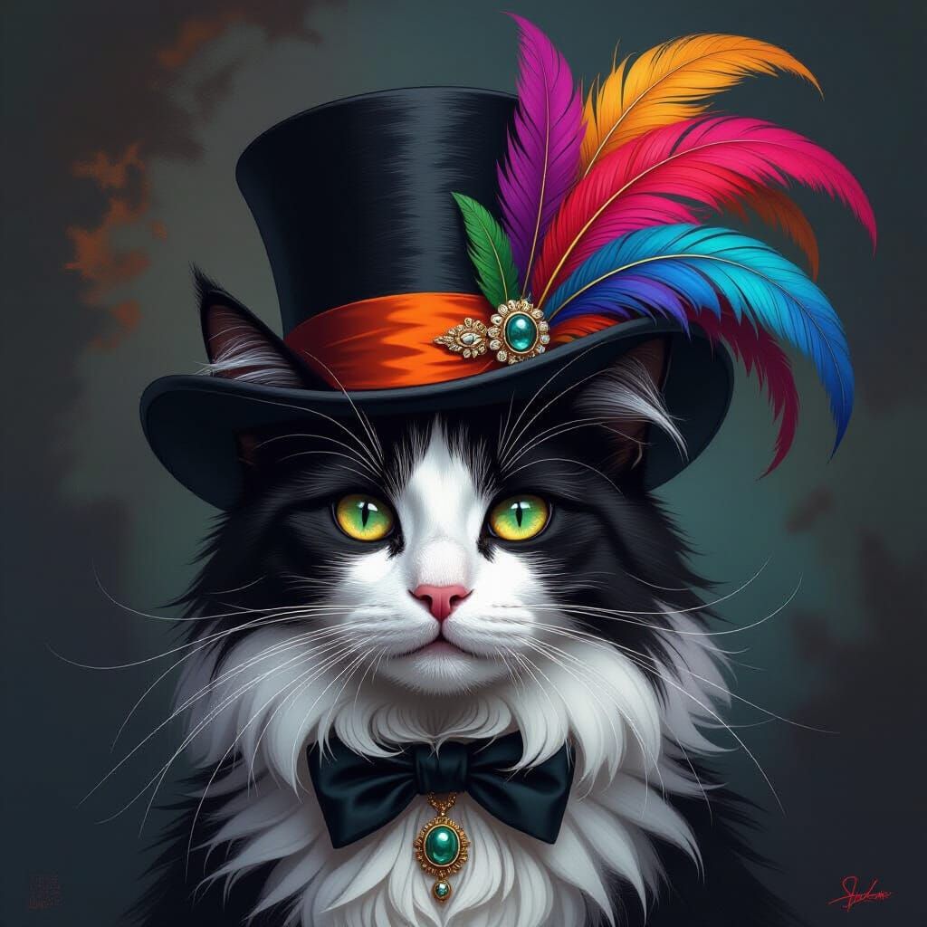 Dapper Cat in Feathered Top Hat Digital Painting