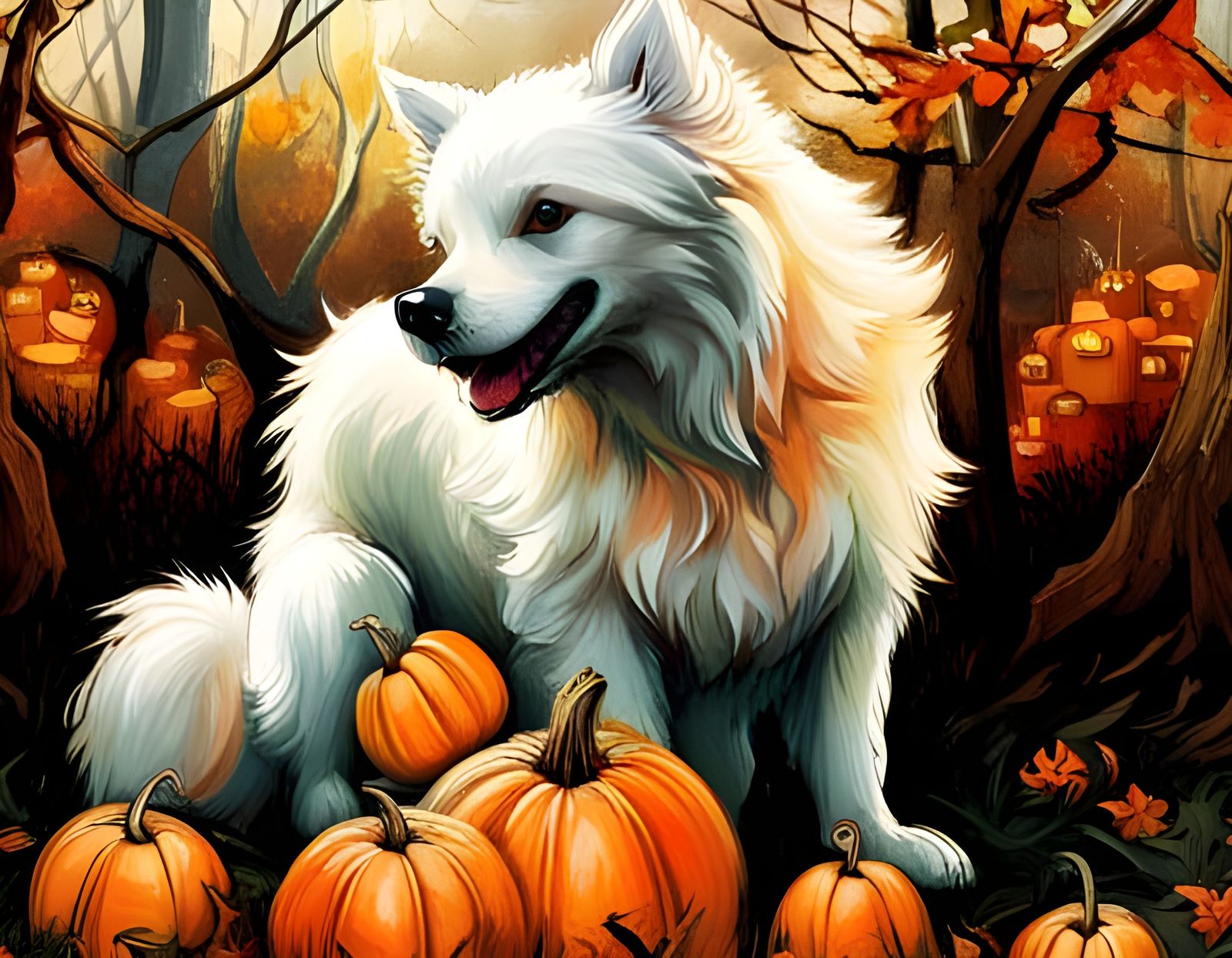 Dog Under Forest Pumpkins in Detailed Splash Art