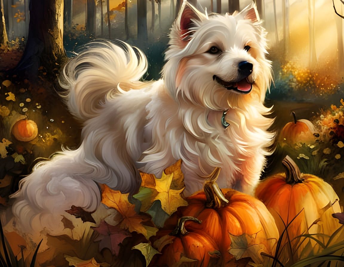 Dog in Pumpkin Forest: Polychromatic Splash Art