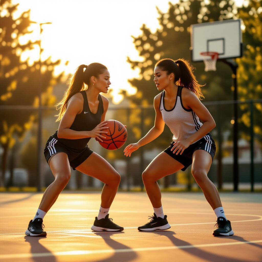 Two Athletic Women Play Passionate Basketball Game