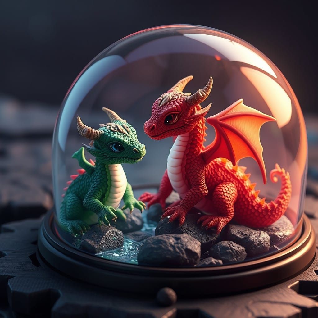 Surreal Glass Domes Featuring Cuddly Baby Dragons in a Fanta...