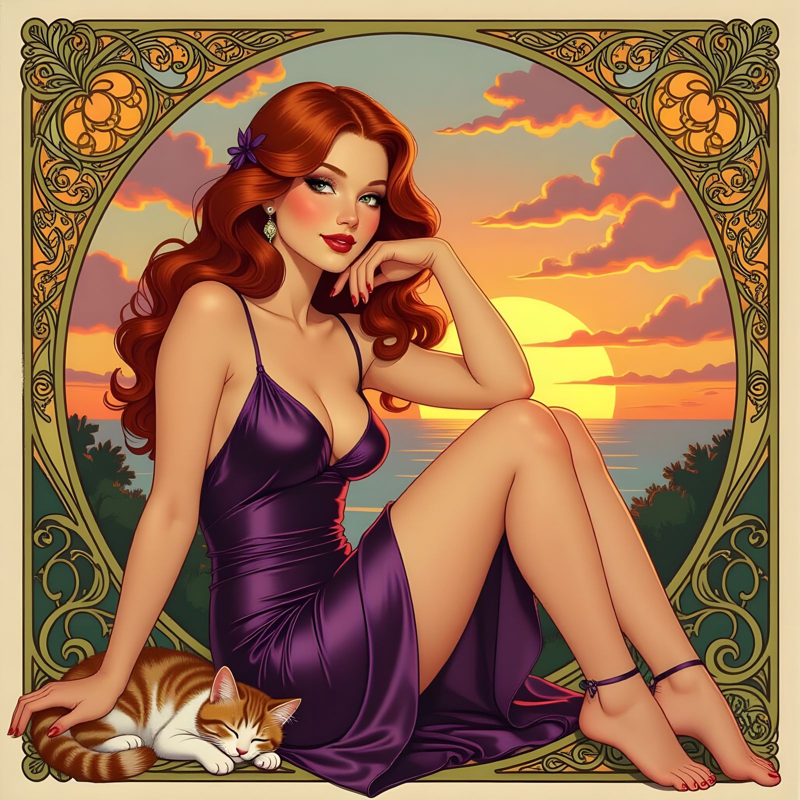 Redhead with Kitten in Art Nouveau Sunset
