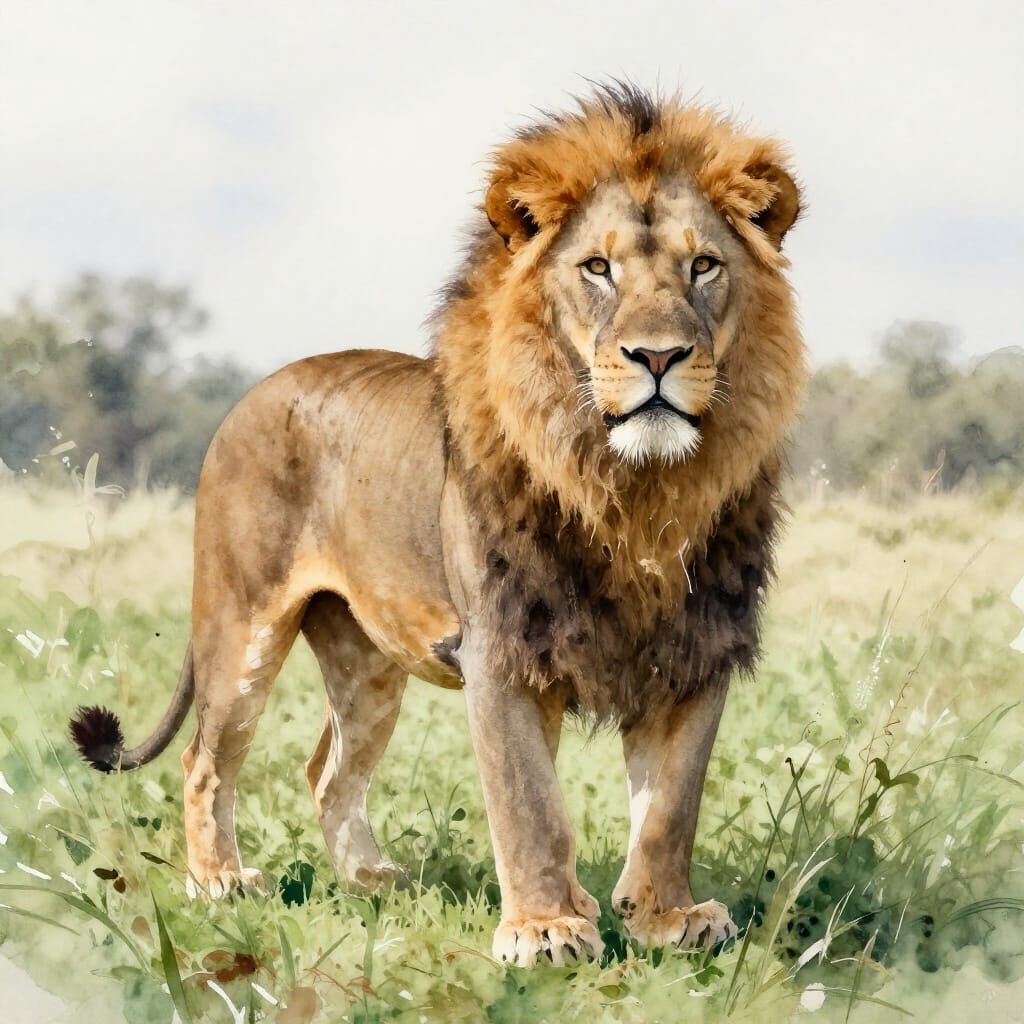 Majestic Lion in Lush Green Grass Watercolor Painting